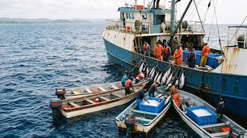 Un barco pesquero y tres lanchas con motor fuera de borda en el mar, donde varios tripulantes manipulan peces colgados de cuerdas.