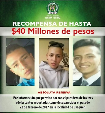 Las autoridades ofrecieron un total de 40 millones de pesos por información sobre la desaparición de Brayan Montaña Pulido, Mauricio Castillo y Juan Sebastián Moreno.