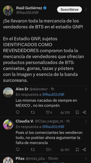 Captura de pantalla de un hilo de Twitter con un tweet de Raúl Gutiérrez sobre revendedores de mercancía de BTS en Estadio GNP y respuestas de otros usuarios