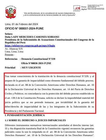 Oficio enviado por el presidente del JNE a la Subcomisión de Acusaciones Constitucionales.