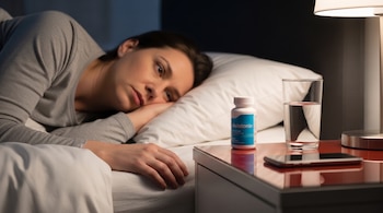 Mujer en cama, frasco de melatonina, vaso de agua, teléfono móvil, mesa de noche, lámpara de cabecera encendida, almohada, sábanas.