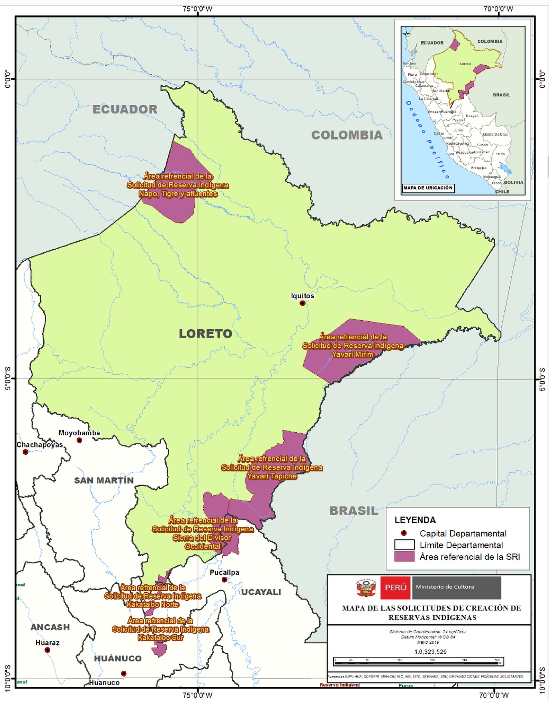 Mapa de las Reservas Indígenas en el departamento de Loreto. Yavarí-Mirim se ubica en la parte inferior. FUENTE: archivo Orpio.