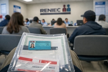 Carpeta transparente sobre piernas con un DNI peruano, acta de nacimiento y recibo de pago. Fondo desenfocado de personas sentadas y el logo de RENIEC.