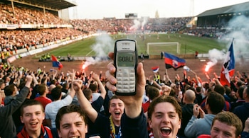 Primer plano de un Nokia 1100 que muestra "GOAL!" en su pantalla, sostenido por una mano en un estadio de fútbol lleno de aficionados, bengalas y banderas.
