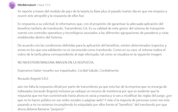 La respuesta de Recaudo Bogotá S. A. S. menciona controles operativos y tecnológicos con agrupaciones de paraderos y rutas para definir cuándo aplica el transbordo - crédito Redes Sociales/reddit
