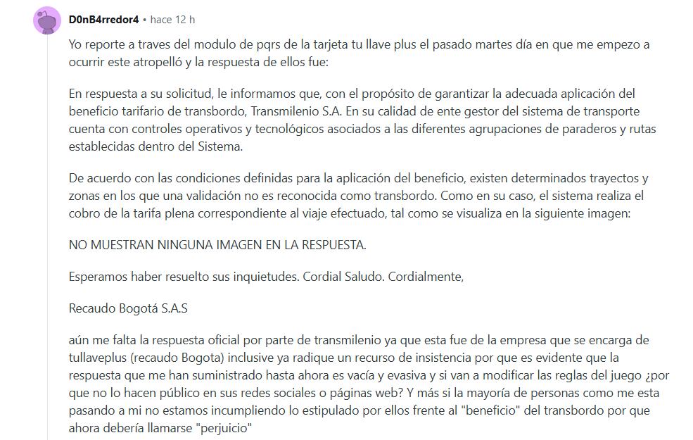 La respuesta de Recaudo Bogotá S. A. S. menciona controles operativos y tecnológicos con agrupaciones de paraderos y rutas para definir cuándo aplica el transbordo - crédito Redes Sociales/reddit