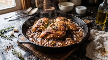 Tres pechugas de pollo en una sartén de hierro caliente con salsa hirviendo, ajos y romero sobre una mesada de granito.