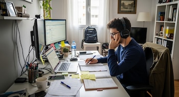 Un joven con gafas y auriculares trabaja en un escritorio con una computadora portátil, dos monitores, papeles, bolígrafos, una taza y una botella de agua.