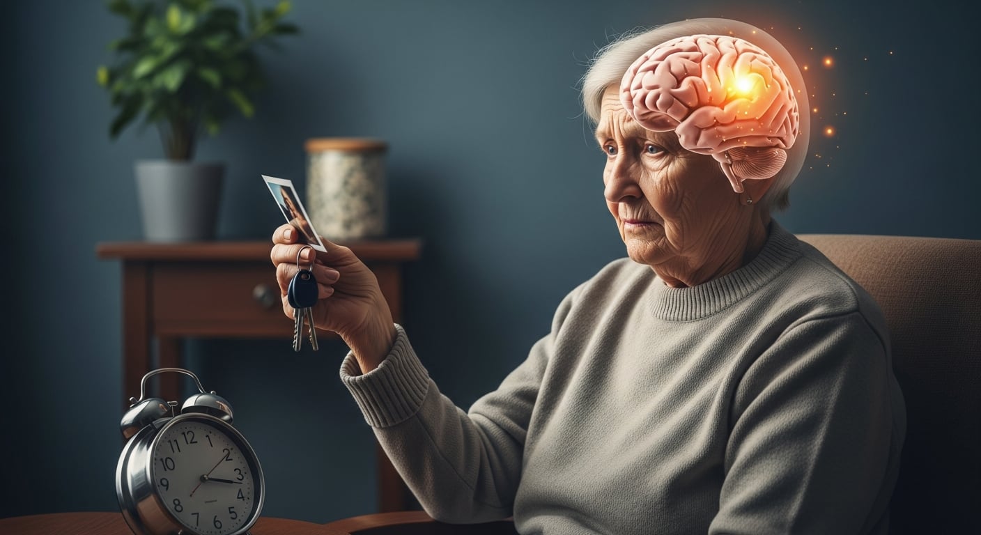 Una mujer mayor observa una fotografía y un llavero, mientras una ilustración de su cerebro resalta la actividad cerebral, simbolizando la lucha contra la pérdida de memoria asociada al Alzheimer. La escena, ambientada en un entorno hogareño, refleja los desafíos cotidianos que enfrentan quienes padecen enfermedades neurodegenerativas. (Imagen Ilustrativa Infobae)