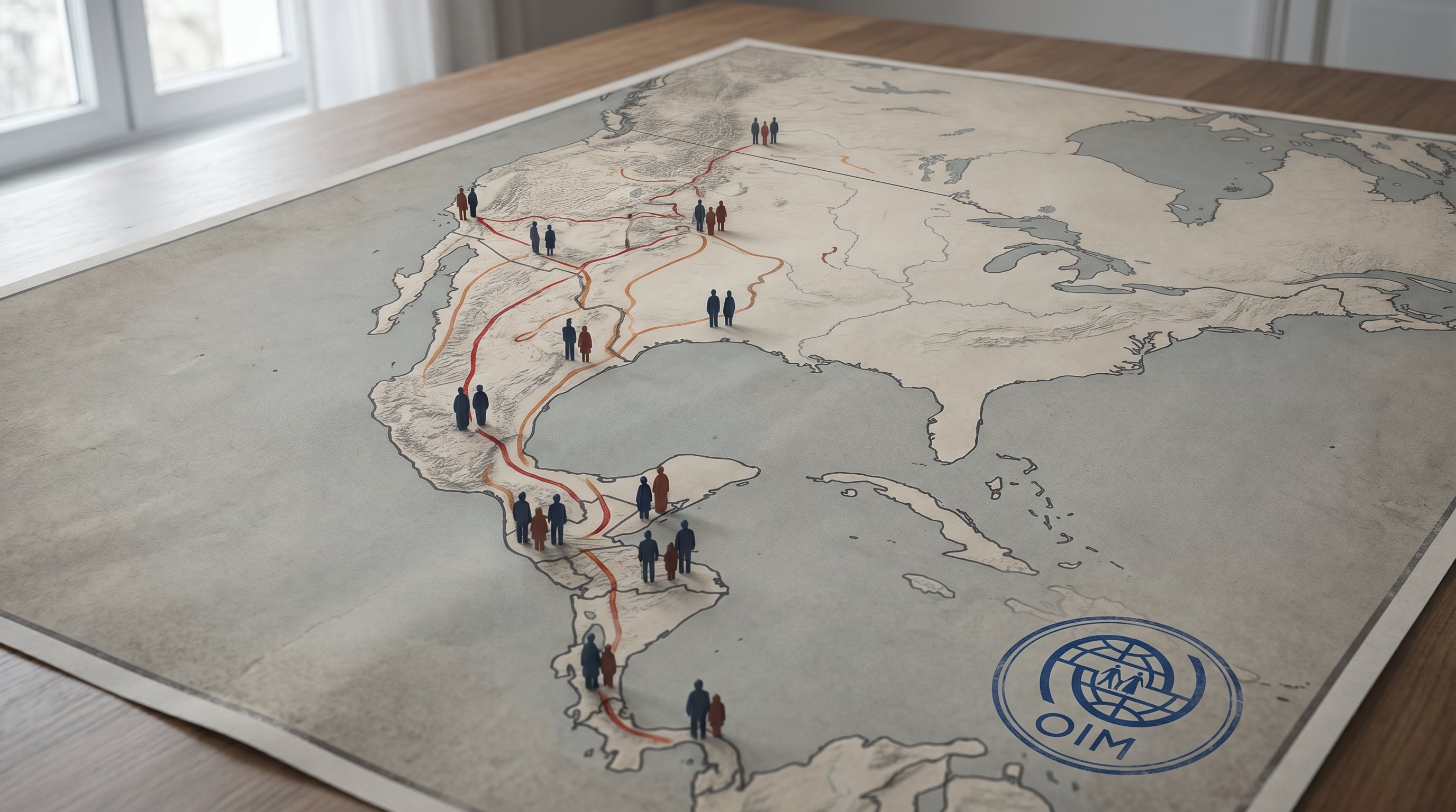 Un mapa conceptual sobrio detalla las rutas migratorias principales desde Centroamérica y el sur de México hacia Estados Unidos, con figuras humanas genéricas simbolizando el flujo y el logo de la OIM. (Imagen Ilustrativa Infobae)