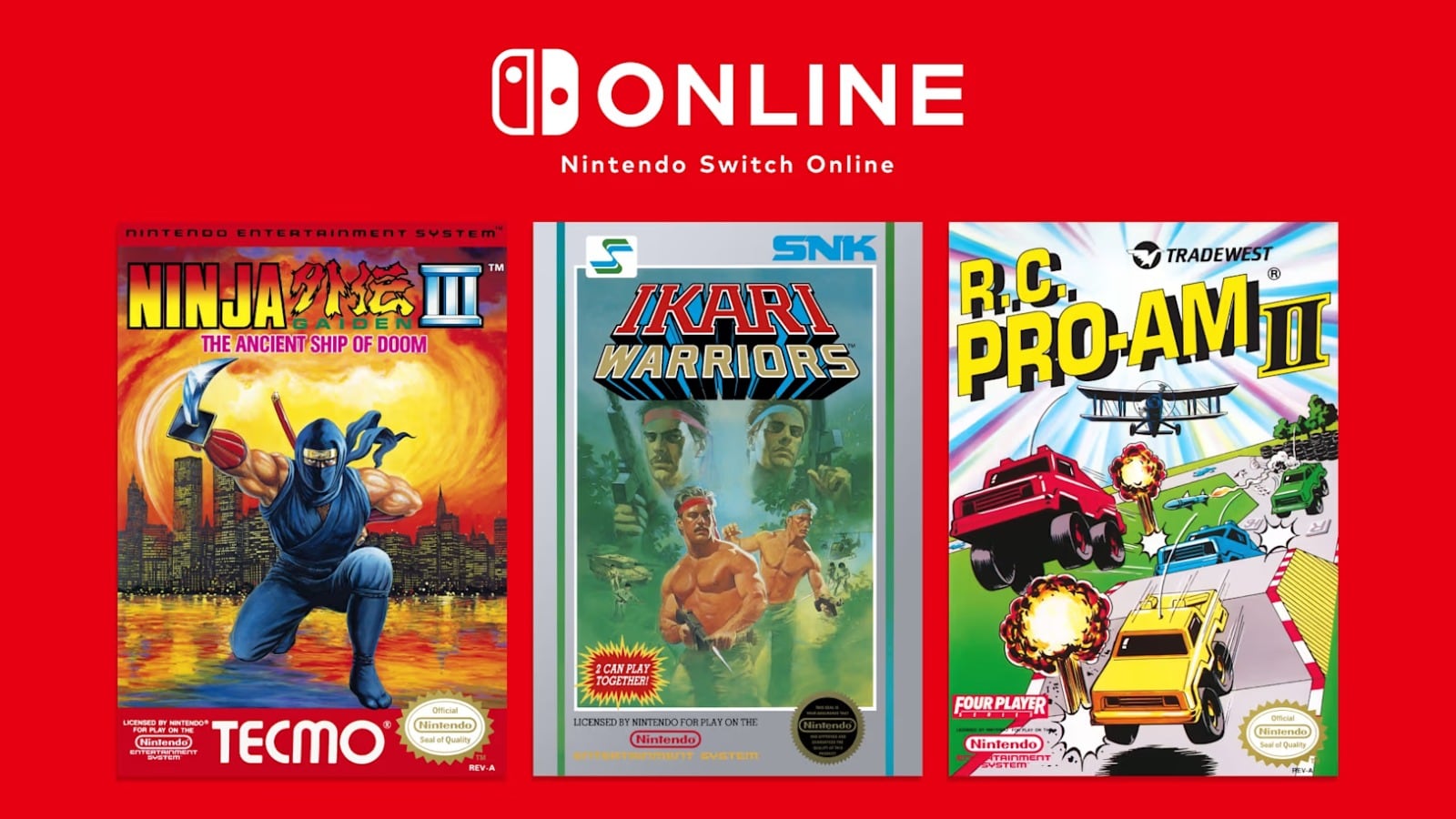 Las portadas de Ninja Gaiden III, Ikari Warriors y R.C. Pro-Am II ilustran la incorporación de juegos de Nintendo Entertainment System al catálogo de Nintendo Switch Online. (Nintendo)