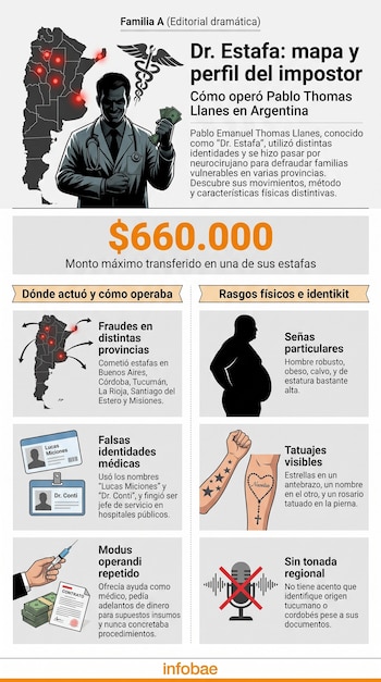 Mapa de Argentina con puntos rojos, ilustración de un doctor con dinero, silueta de un hombre robusto, identificaciones médicas, contrato con dinero, brazos tatuados, micrófono tachado.