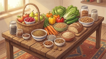 Ilustración de una mesa de madera rebosante de alimentos ricos en fibra: frutas, verduras, legumbres, cereales integrales, semillas y frutos secos, con una ventana luminosa al fondo.