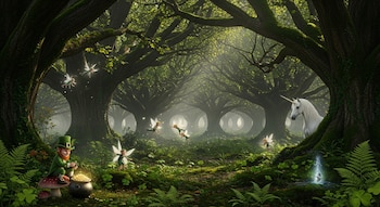 Bosque irlandés con árboles grandes y cubiertos de musgo. Un duende sentado en una seta cerca de una olla de oro, hadas volando y un unicornio blanco.