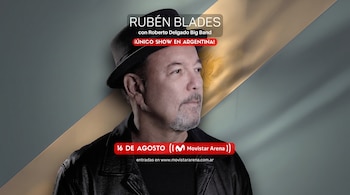 Retrato de Rubén Blades con sombrero y barba. Se lee: Rubén Blades con Roberto Delgado Big Band, show en Argentina el 16 de agosto en Movistar Arena.