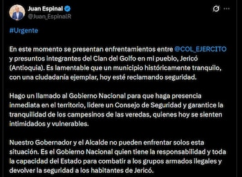 El senador Juan Espinal afirmó que los campesinos de la vereda Palenque son intimidados por grupos armados ilegales dedicados a la extorsión y al robo - crédito @Juan_EspinalR / X