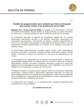 El comunicado oficial señala que la filtración habría beneficiado al grupo residual Carlos Patiño, presente en la región de Argelia, Cauca - crédito Justicia Penal Militar y Policial