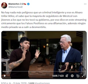 La cuenta Mamertos 2.0 criticó a Álvaro Uribe Vélez por calificar de difamación los falsos positivos - crédito @Mamertos0/X