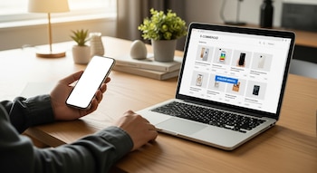 Persona sentada en una mesa de madera, sosteniendo un teléfono con pantalla en blanco junto a una laptop abierta que muestra un sitio de e-commerce de celulares. Fondo borroso.