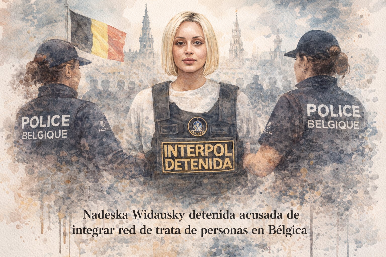 Nadeska Widausky, vistiendo un chaleco de Interpol, aparece flanqueada por dos agentes de la policía belga tras su detención por presunta participación en una red de trata de personas en Bélgica. (Imagen Ilustrativa Infobae)