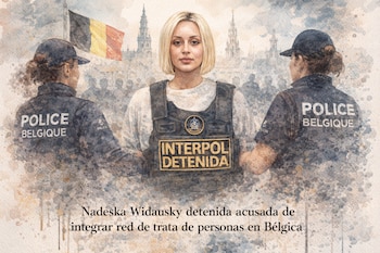 Composición tipo acuarela mostrando a Nadeska Widausky con un chaleco de Interpol, flanqueada por dos agentes de policía belgas, con una bandera y ciudad de fondo.