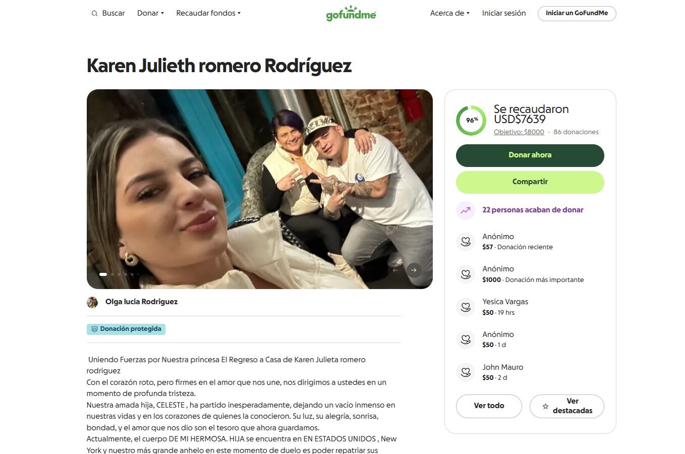 La meta de recaudo está muy cerca de cumplirse - crédito GonFundMe / Sitio web