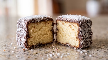 Dos mitades de lamington con cobertura de chocolate y coco rallado sobre una mesada de granito con migas.