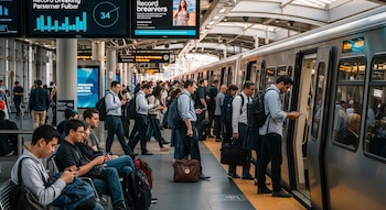 Vista de un andén de estación de tren con numerosos pasajeros diversos esperando o abordando un tren moderno. Hay pantallas digitales y gente usando móviles.