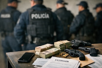 Fotografía de una mesa con fajos de billetes, un teléfono, tres pistolas y municiones. En el fondo, varios policías uniformados y desenfocados están de espaldas.