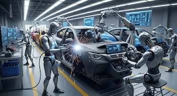 Múltiples robots humanoides plateados operan en una fábrica automotriz, ensamblando vehículos grises, azules y amarillos, con chispas de soldadura.