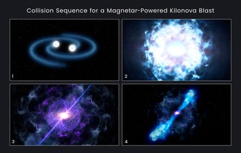Ilustración de la formación, en cuatro pasos, de un magnetar a partir de la fusión de dos estrellas de neutrones. EFE/NASA/ESA/D. Player