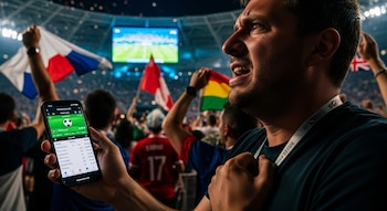 Hombre con barba y camiseta oscura sostiene un móvil con app de apuestas, mirando un partido de fútbol en pantalla gigante de un estadio con banderas y luces.