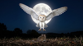Lechuza común de alas extendidas en vuelo frontal, patas preparadas, sobre un ratón. Luna llena grande en el cielo nocturno con árboles oscuros.