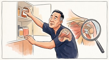 Ilustración de un hombre que toma un frasco de un estante alto, con la anatomía de su hombro expuesta y ampliada por una lupa.