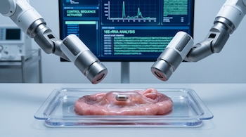 Dos brazos robóticos sobre una bandeja transparente con un tejido rosa que contiene una pequeña cápsula, frente a un monitor digital.