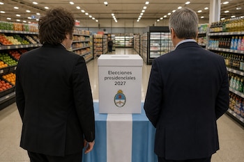 Javier Milei y Luis Caputo de espaldas ante una urna con el texto Elecciones presidenciales 2027 sobre una mesa con la bandera argentina.