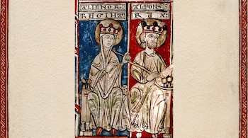 Ilustración medieval con dos reyes coronados y vestidos con túnicas, identificados en latín como ALIENOR REGINA y ALFONSUS REX.