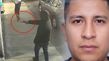 Fotomontaje con el rostro de un hombre a la derecha y una captura de cámara de seguridad a la izquierda donde una persona apunta una pistola