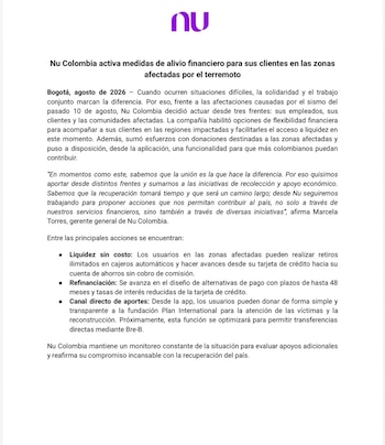 La compañía permitió avances desde la tarjeta de crédito hacia la cuenta de ahorros sin cobro de comisión - crédito Nu Colombia