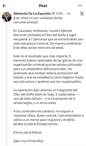Tres integrantes de la estructura criminal fueron capturados durante la operación, según el reporte entregado por el Gobierno -crédito @ABDELAESPRIELLA/X