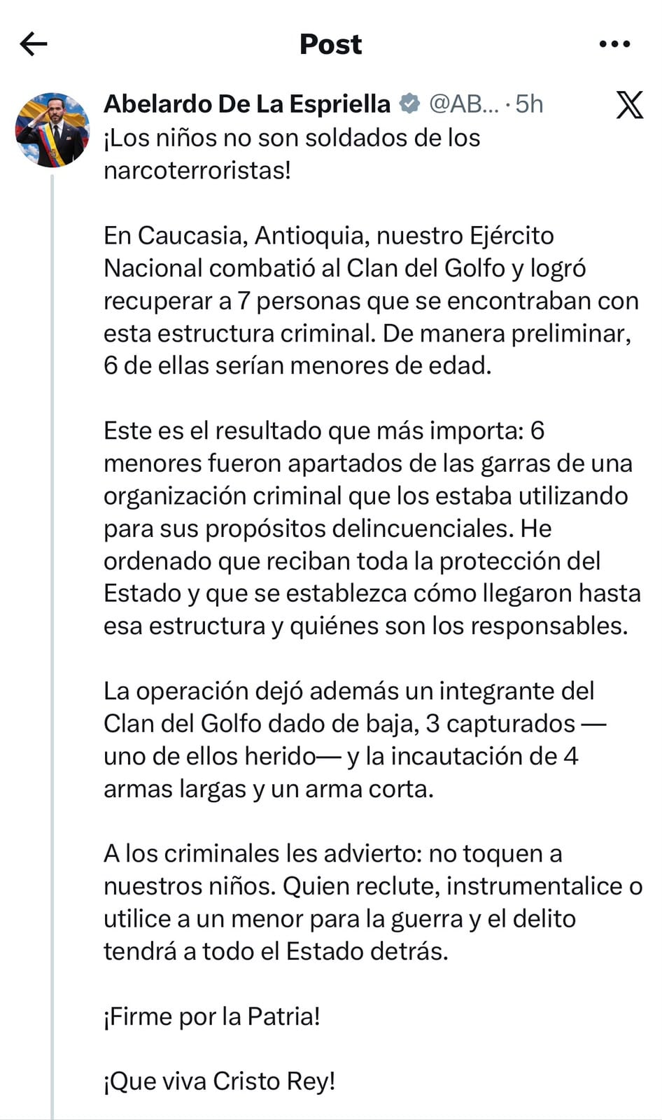 Tres integrantes de la estructura criminal fueron capturados durante la operación, según el reporte entregado por el Gobierno -crédito @ABDELAESPRIELLA/X