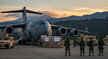 Un avión militar C-17 en pista descarga paletas con logos de USAID. Soldados y vehículos militares están cerca, con montañas cubiertas de árboles al fondo bajo un atardecer.