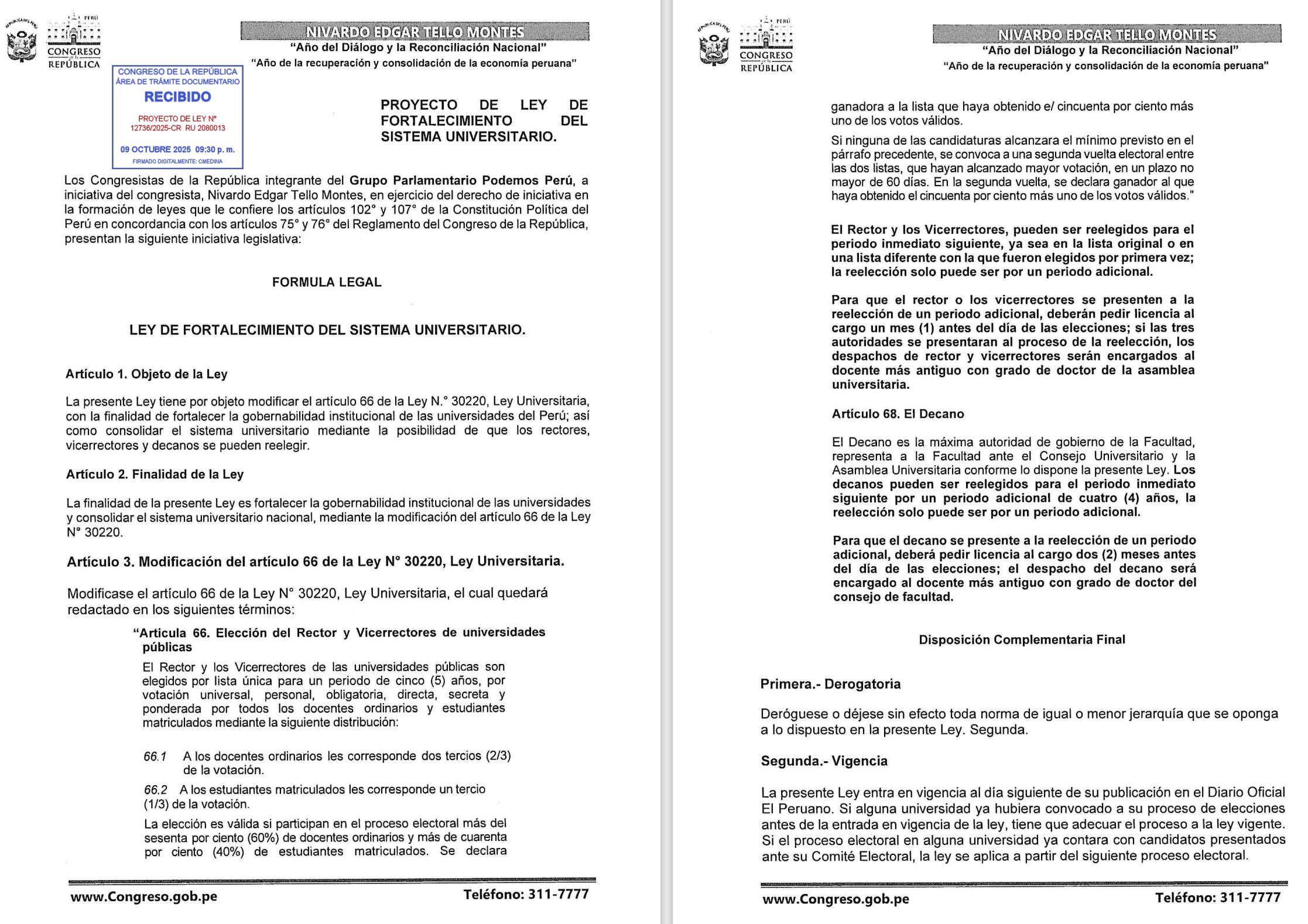 Proyecto de reelección inmediata de rectores