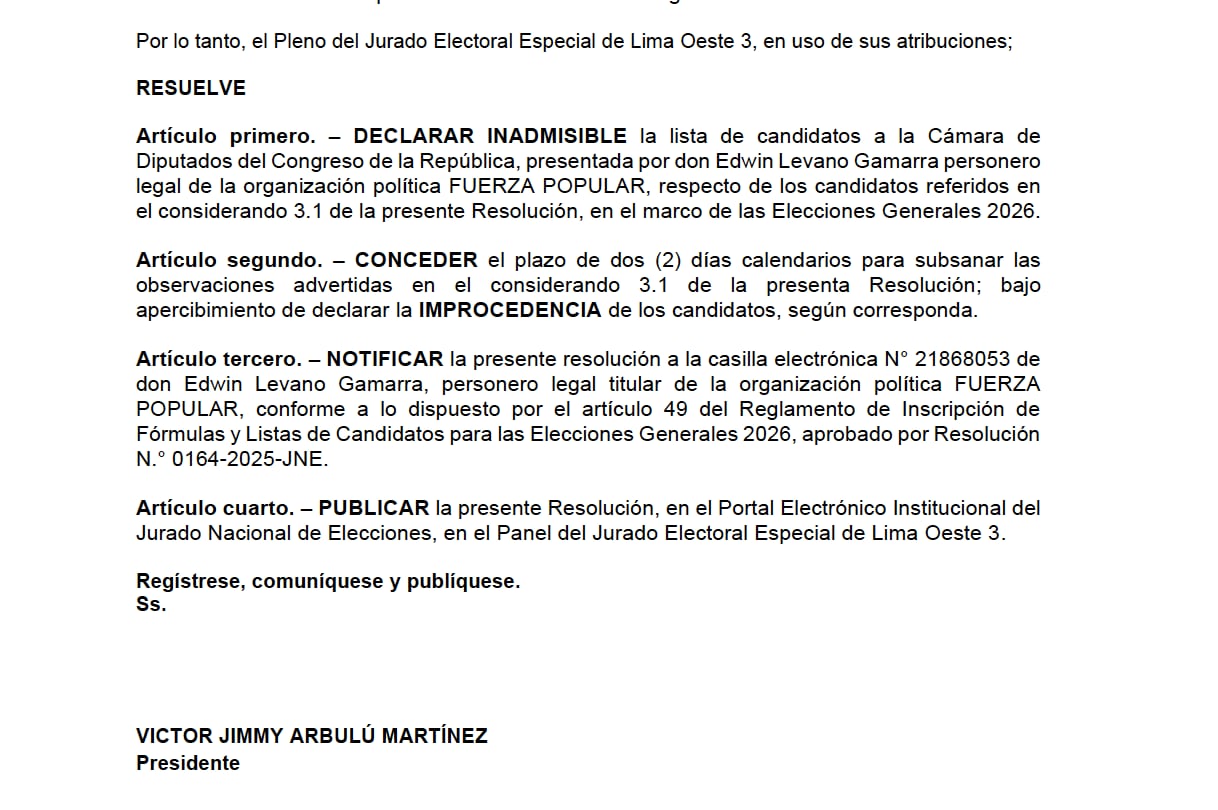 Lista de candidatos de Fuerza Popular es declarada inadmisible por JEE; partido tiene dos días para subsanar. (Foto: X/@jsudaka)