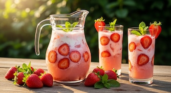 Jarra de cristal y dos vasos altos llenos de bebida rosada cremosa con fresas cortadas y menta sobre mesa de madera, con fresas frescas alrededor.