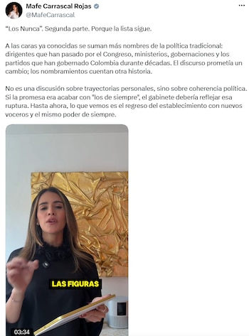 Mafe Carrascal acusó continuidad política en el gabinete de Abelardo de la Espriella - crédito @MafeCarrascal/X