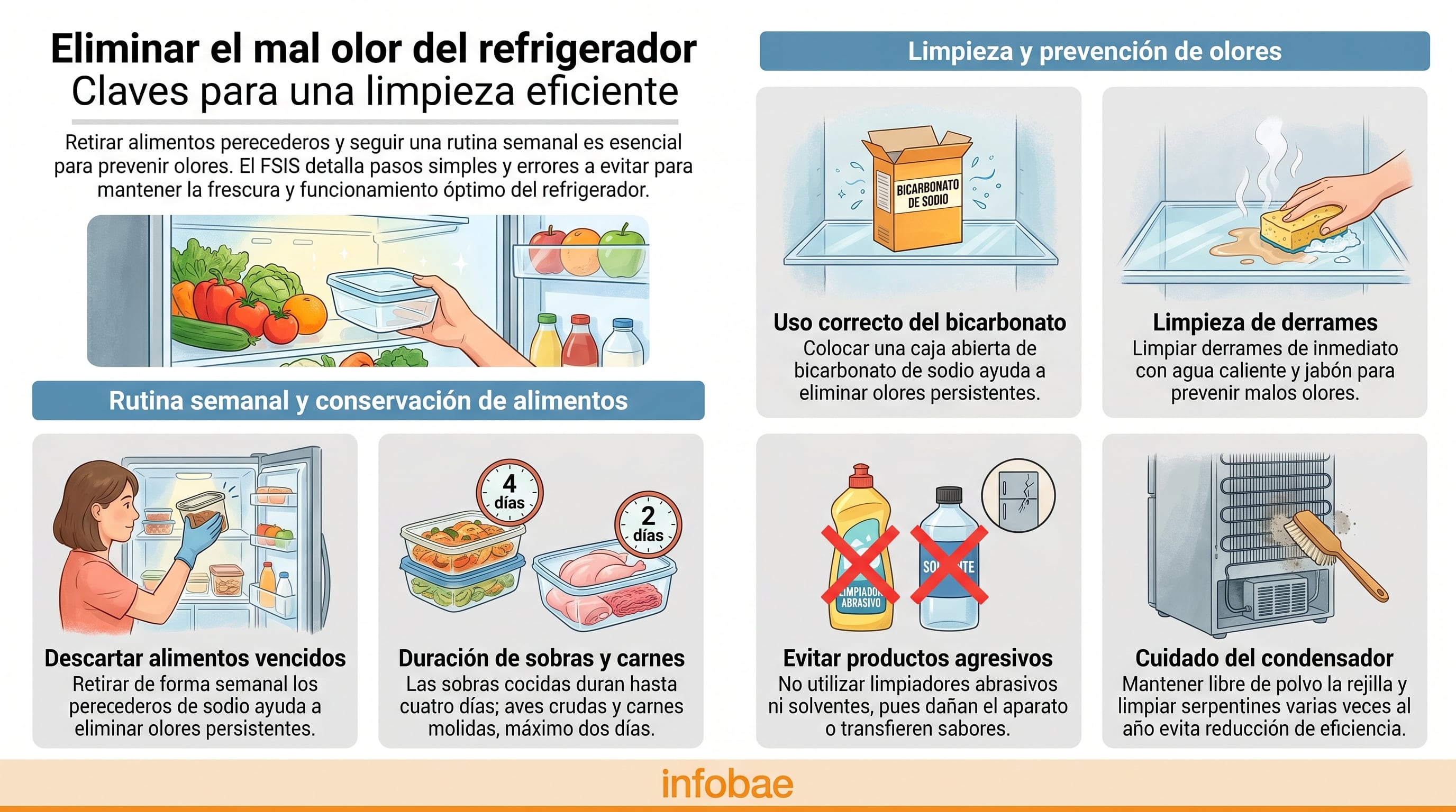 Esta infografía detalla las claves para una limpieza eficiente del refrigerador, incluyendo la gestión de alimentos, el uso de bicarbonato de sodio y el mantenimiento del condensador, según el FSIS. (Imagen Ilustrativa Infobae)