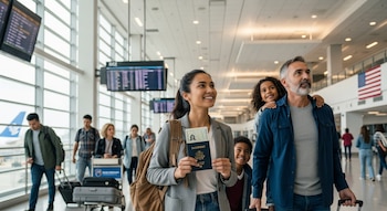 Familia de cuatro en un aeropuerto moderno. Una mujer sonriente muestra un pasaporte de Estados Unidos. Un hombre y dos niños caminan con equipaje cerca de pantallas de vuelos.