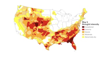 A principios de mayo, la sequía afectaba a cerca del 60% del territorio continental de Estados Unidos. La sequía más intensa se registraba en la región intermontañosa del oeste, las Grandes Llanuras y el sur del país. (Ben Noll/The Washington Post; fuente de datos: US Drought Monitor)