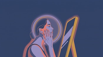 Ilustración de una persona frente a un espejo que apoya su mano en la mejilla, rodeada por aros luminosos sobre un fondo azul oscuro.